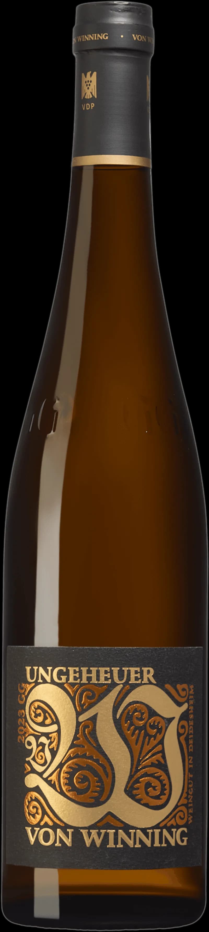 Flaska av vitt vin från Von Winning på en ljus bakgrund.