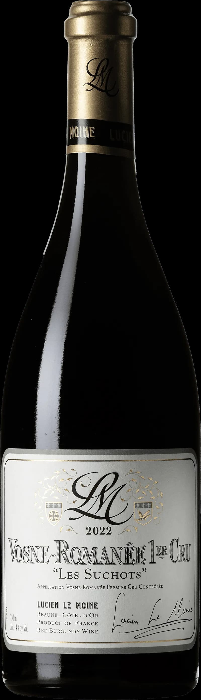 Flaska av rött vin från Vosne-Romanée 1er Cru Les Suchots