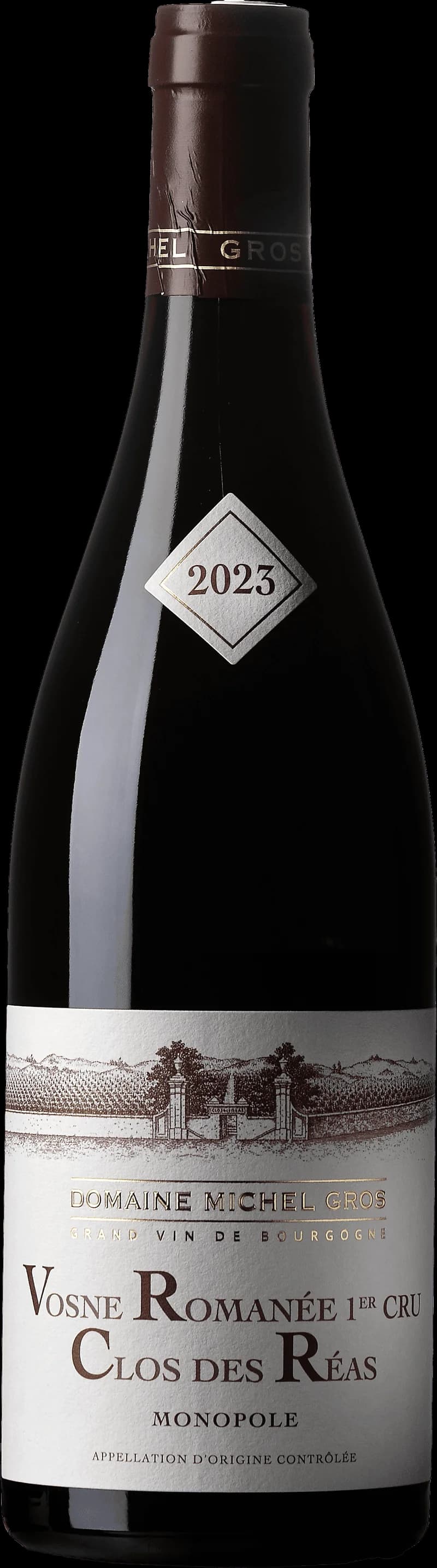 Flaska och glas med rött vin från Vosne-Romanée Clos des Réas
