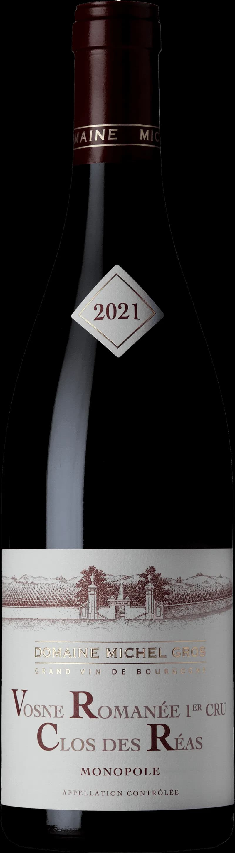 Etikett på en flaska rött vin från Vosne-Romanée Premier Cru Clos des Réas.