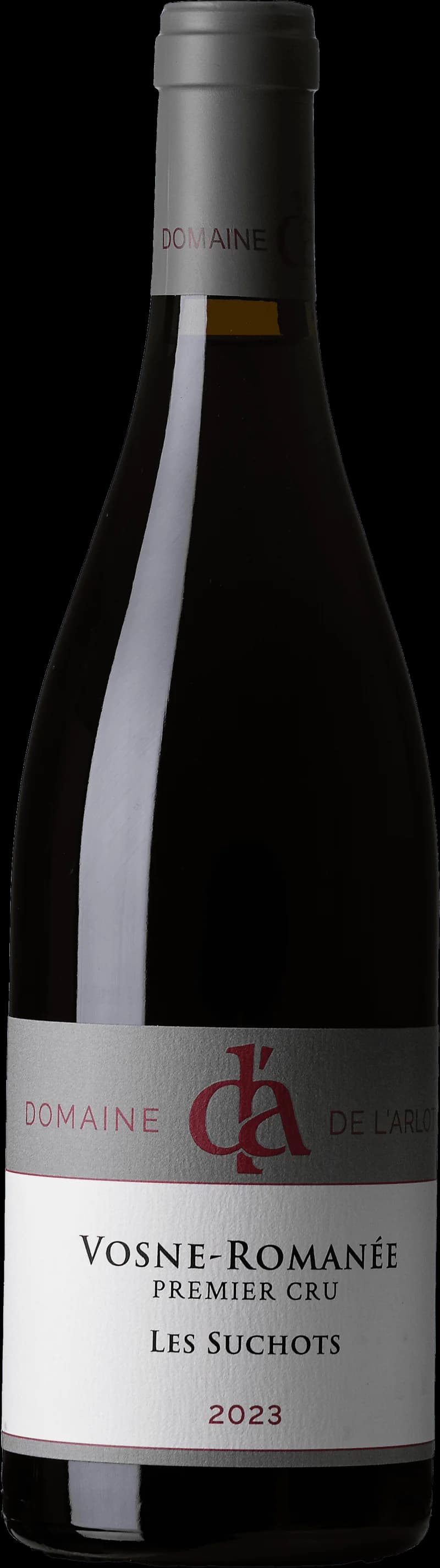 Flaska och glas med rött vin från Vosne-Romanée Premier Cru Les Suchots