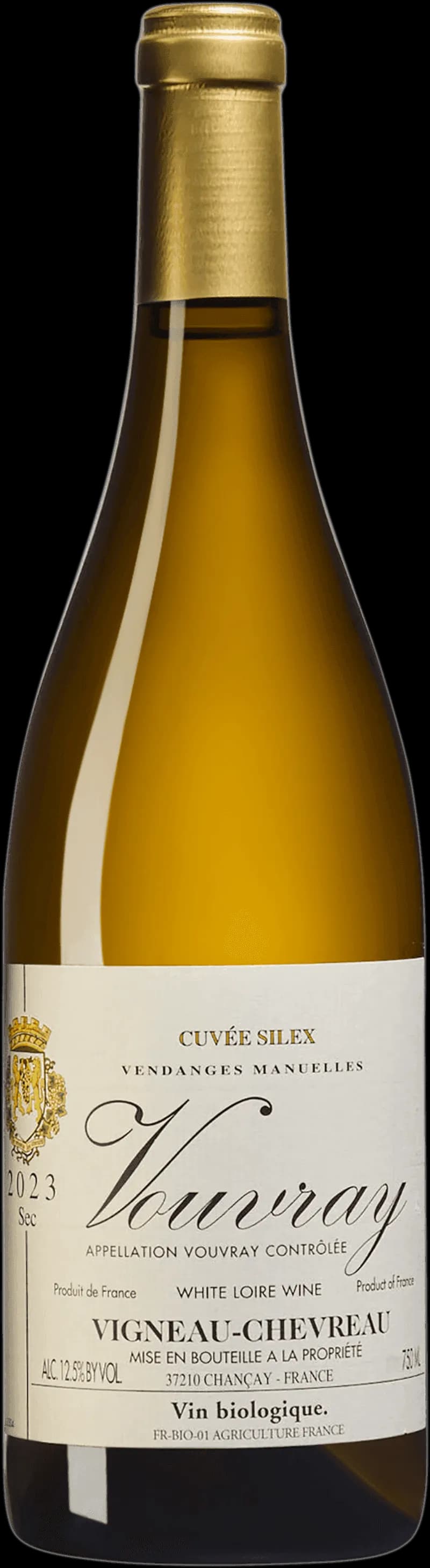 Flaska av Vouvray Cuvée Silex vitt vin mot ljus bakgrund.