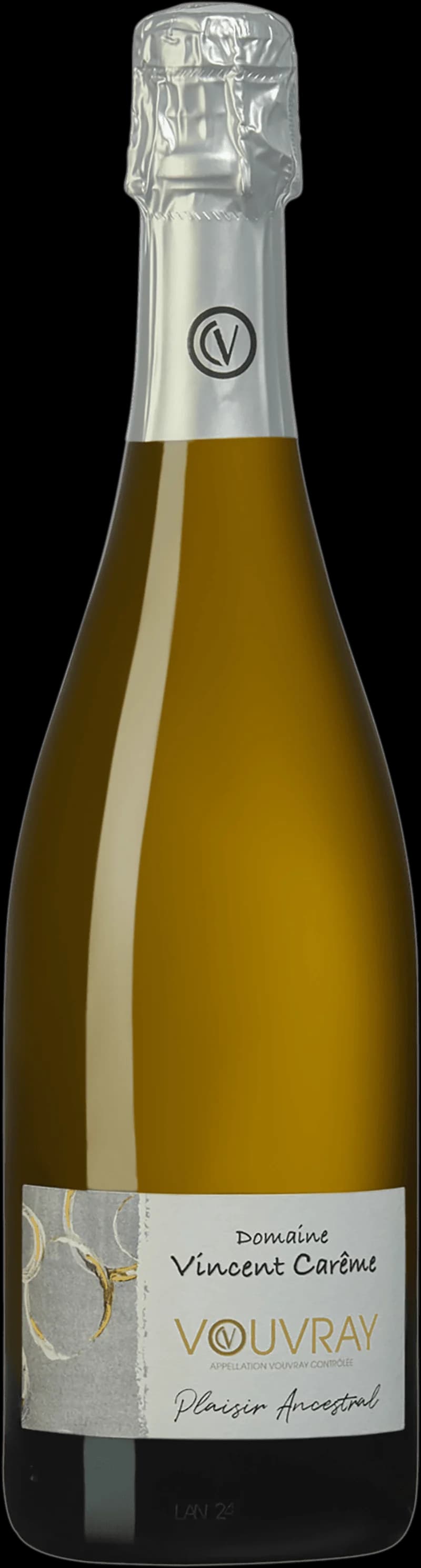 Flaska med Vouvray mousserande vin och glas med bubblande dryck.