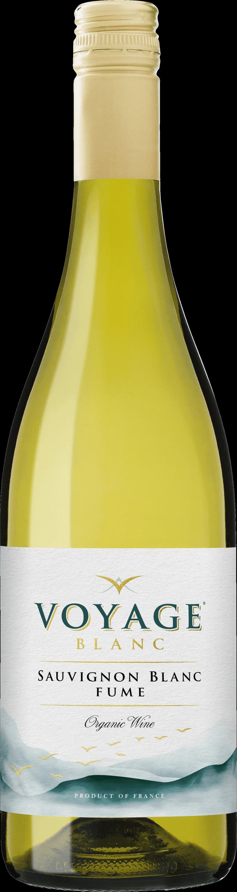 Ett glas Voyage Blanc vitt vin mot en ljus bakgrund.