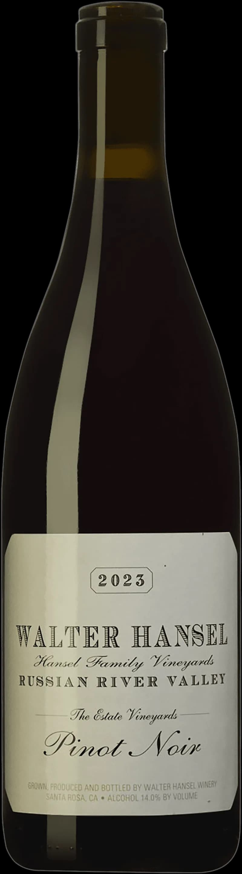 Flaska och glas med rött vin från Walter Hansel The Estate Vineyards