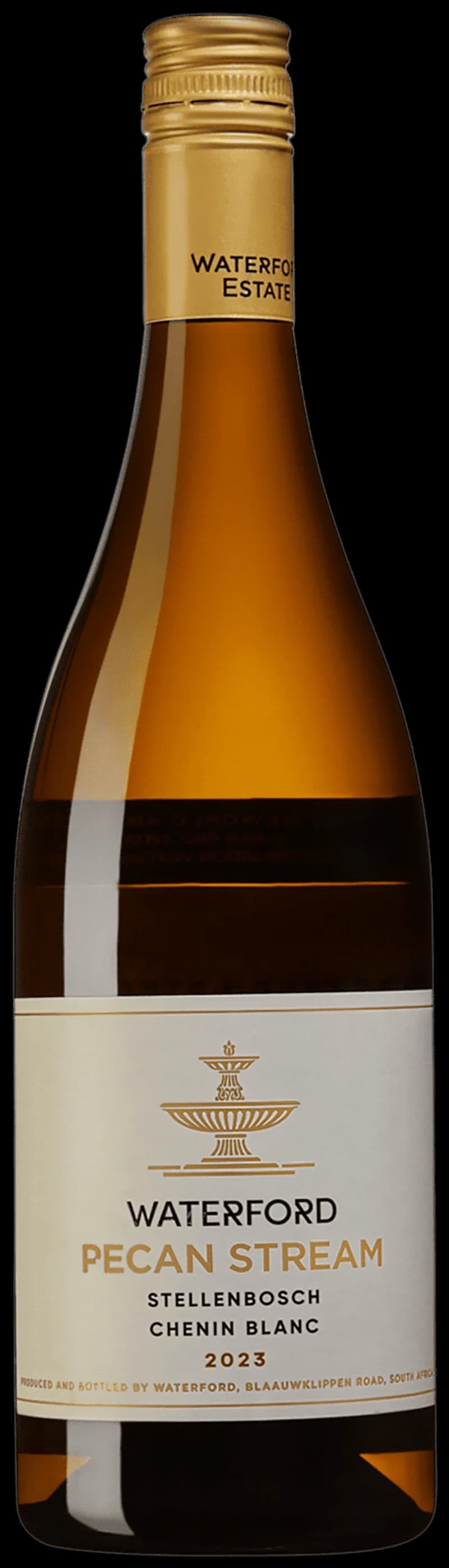 Flaska och glas med vitt vin från Waterford Estate