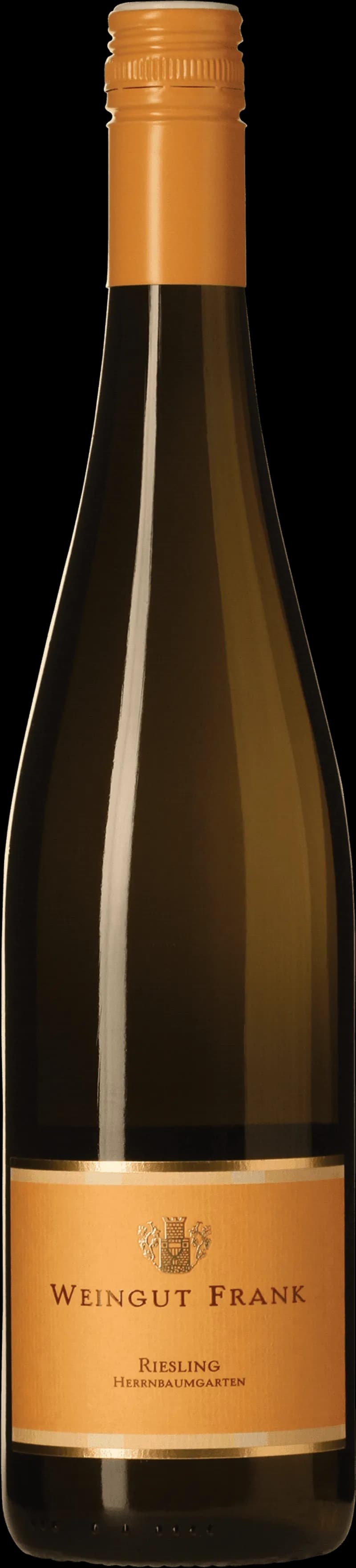 Flaska vitt vin från Weingut Frank på en ljus bakgrund.
