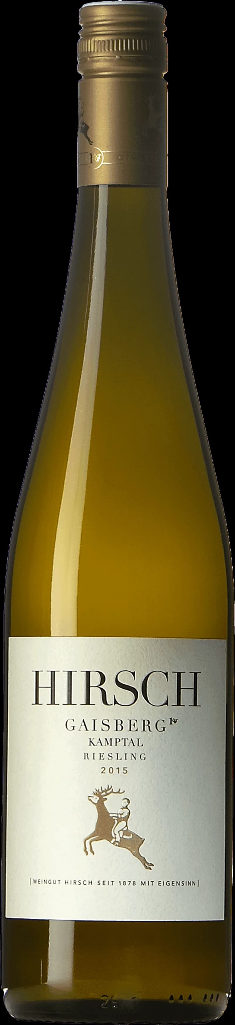 Flaska med vitt vin från Weingut Hirsch på en ljus bakgrund.