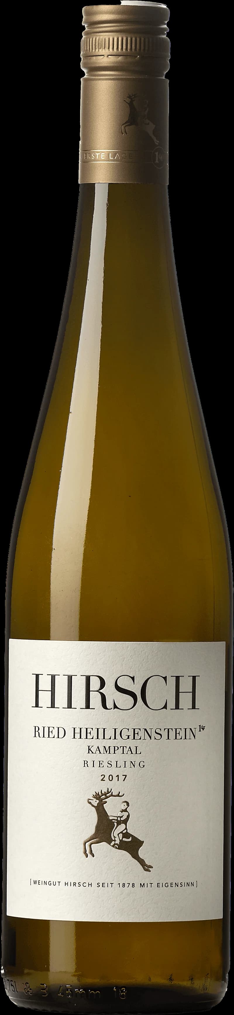 Flaska vitt vin från Weingut Hirsch på en ljus bakgrund.
