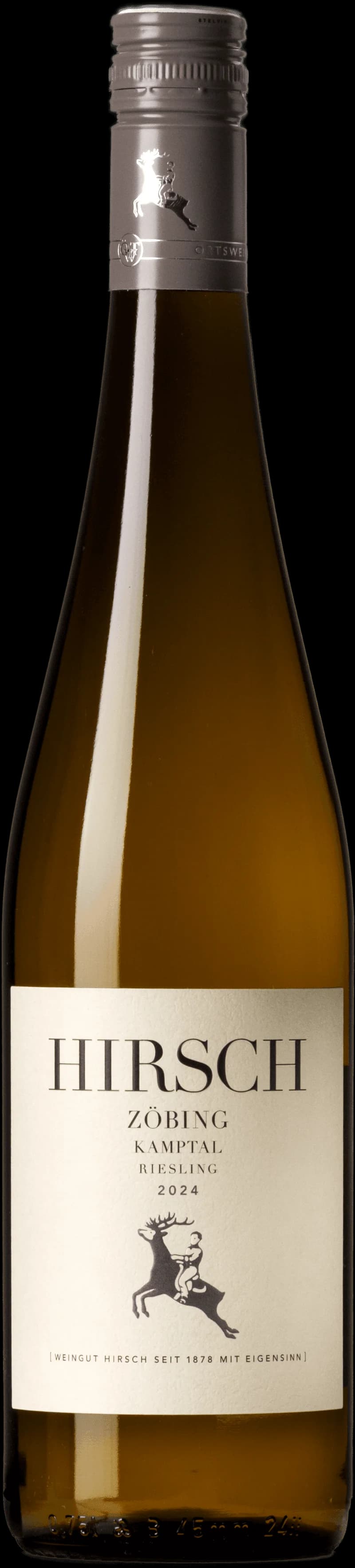 Flaska vitt vin från Weingut Hirsch på en ljus bakgrund
