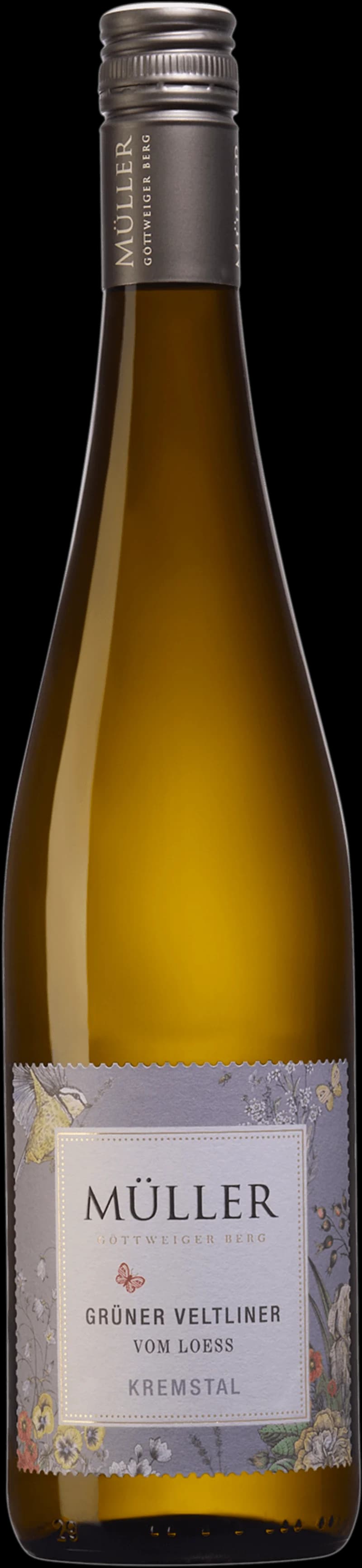 Flaska vitt vin från Weingut Müller på en ljus bakgrund.
