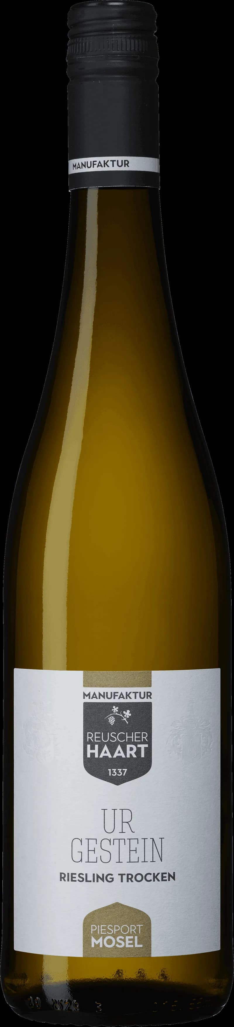 Flaska vitt vin från Weingut Reuscher-Haart på en ljus bakgrund.