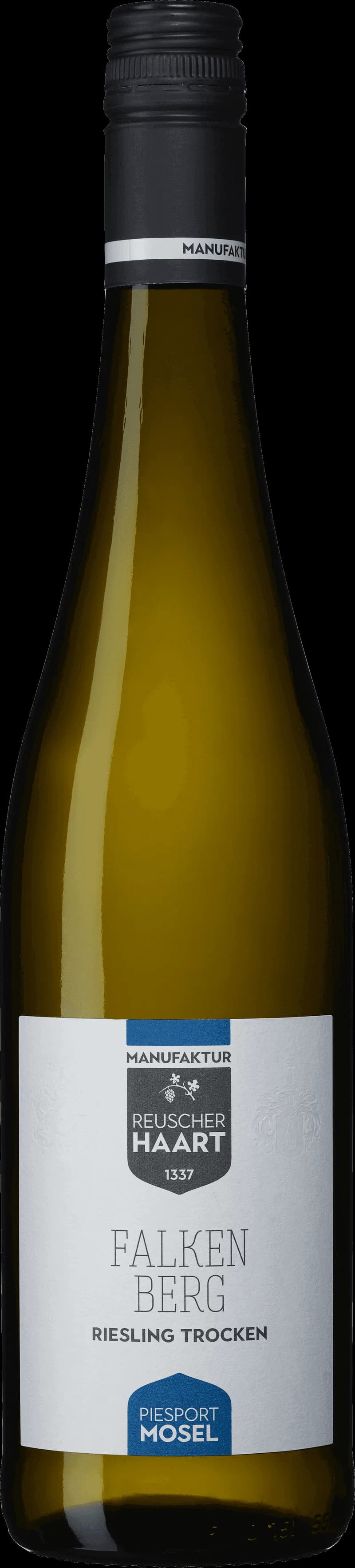 Flaska vitt vin från Weingut Reuscher-Haart på en bordsservering.