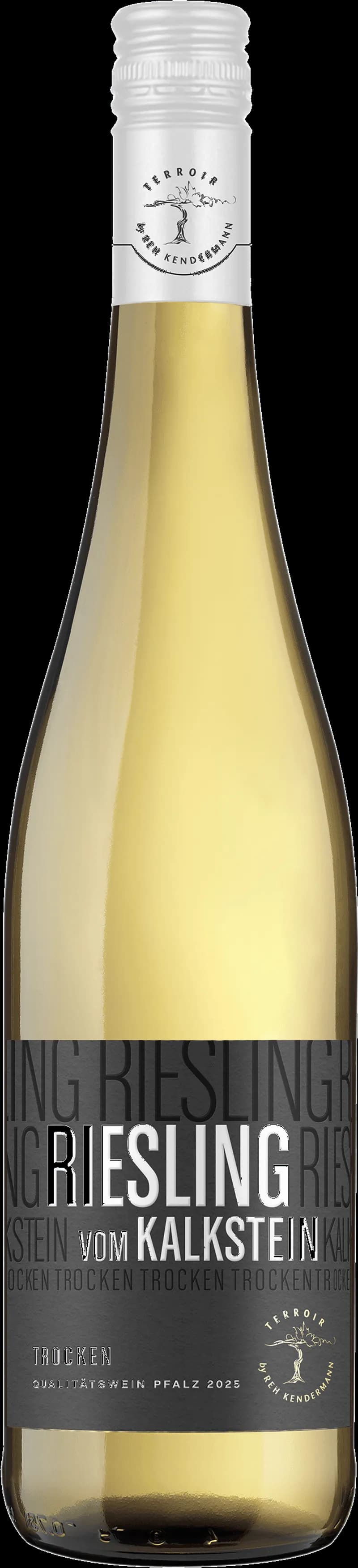 Flaska vitt vin från Weinhaus Reh Kendermann på en vit bakgrund.