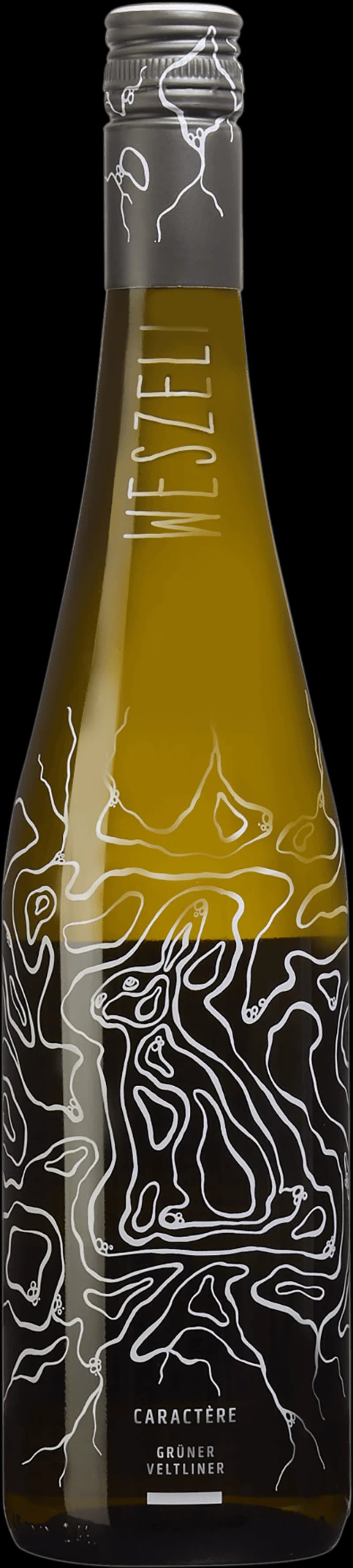 Flaska med etiketten Weszeli Caractère vitt vin mot en neutral bakgrund.