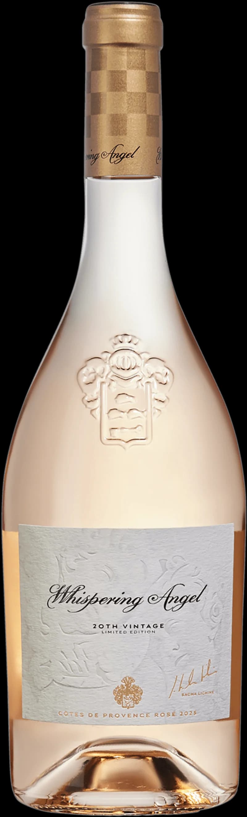 Flaska av Whispering Angel rosévin mot ljus bakgrund