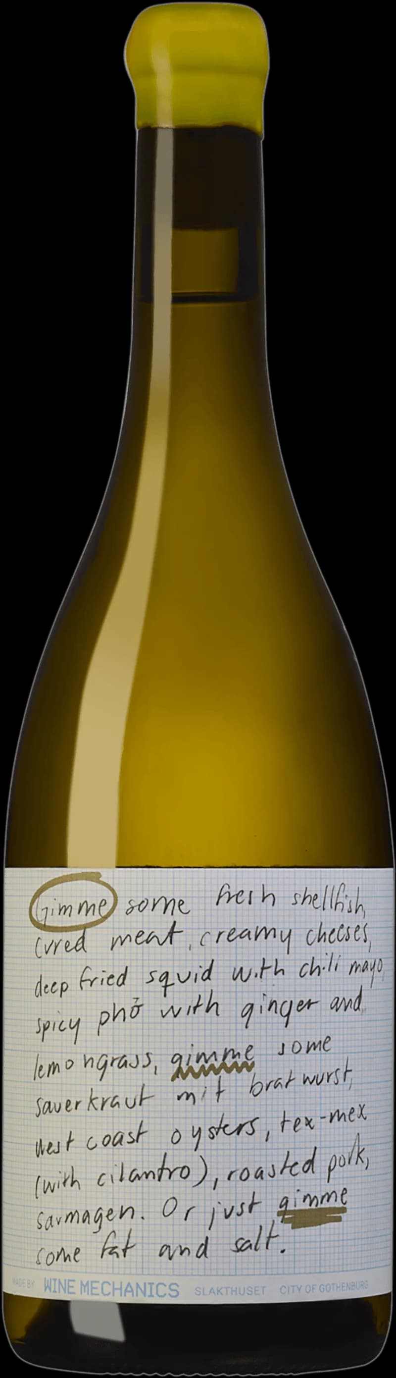 Flaska vitt vin från Wine Mechanics på en ljus bakgrund.