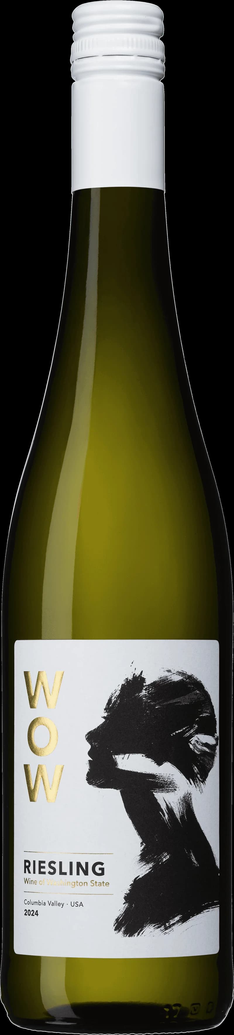 Flaska av WOW Riesling vitt vin på en vit bakgrund.