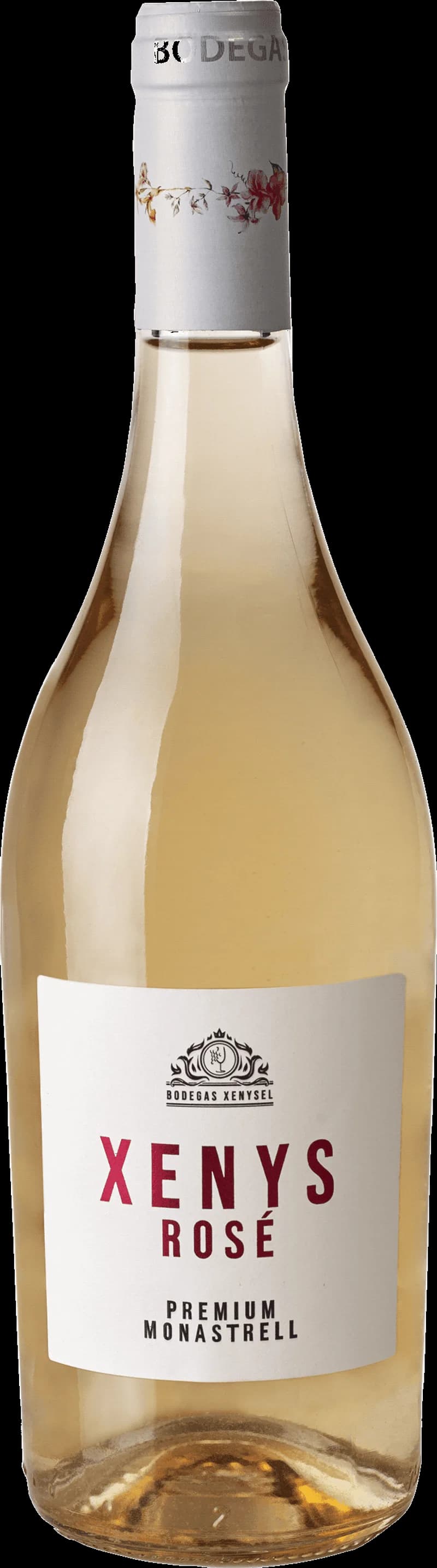 Flaska och glas med Xenys rosévin mot en ljus bakgrund