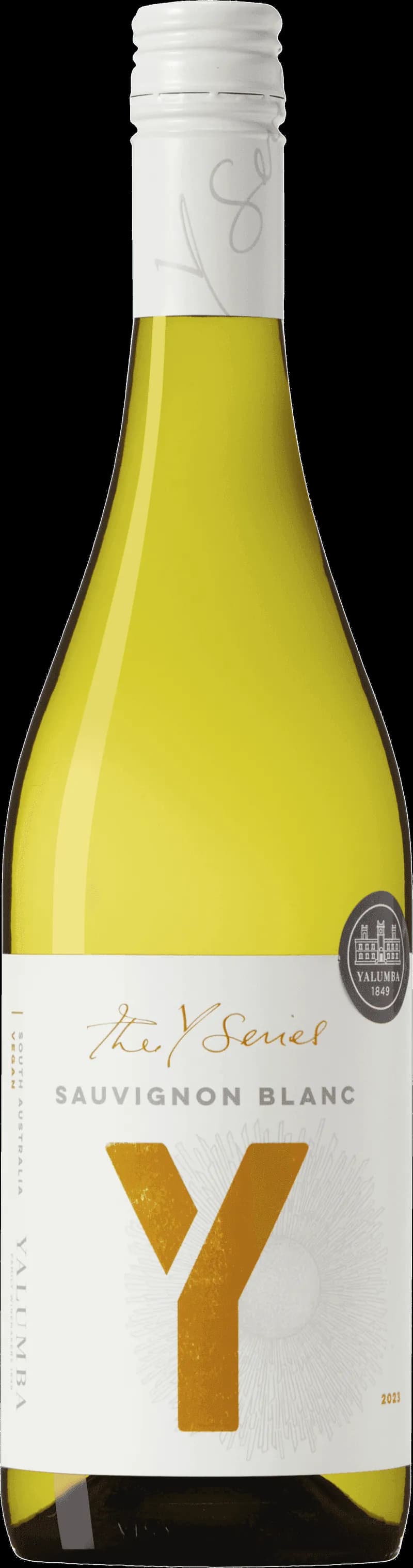 Flaska av Yalumba The Y Series vitt vin mot ljus bakgrund