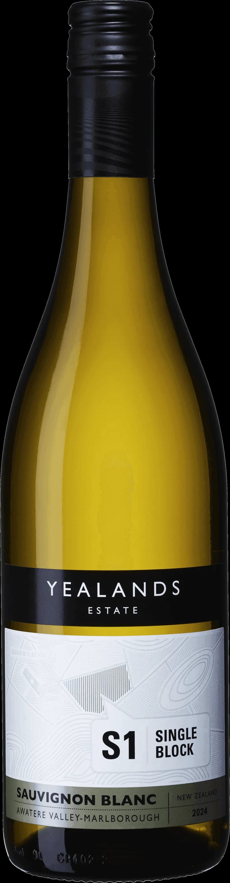 Flaska med Yealands Estate vitt vin mot ljus bakgrund.