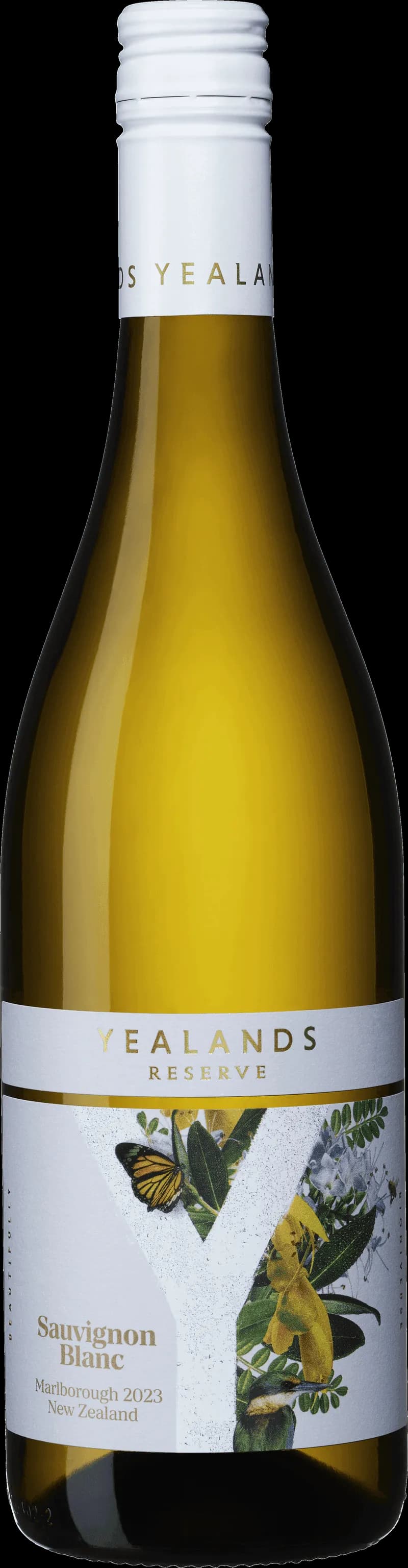 Flaska av Yealands Reserve vitt vin mot ljus bakgrund