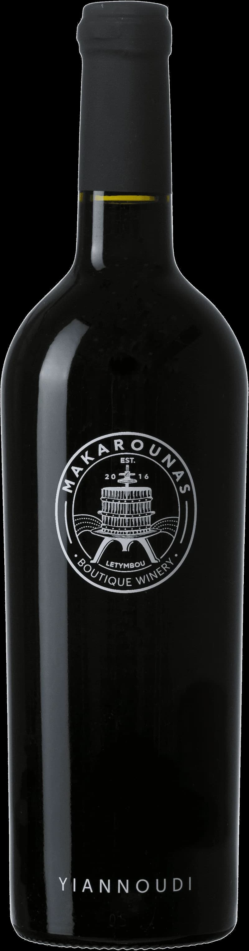 Flaska av rött vin från Yiannoudi på en bordsservering.