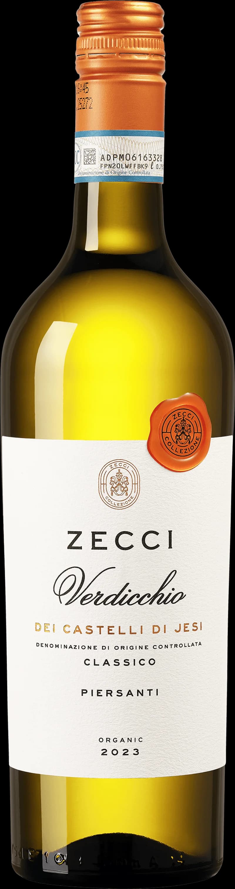 Flaska av Zecci vitt vin mot ljus bakgrund.