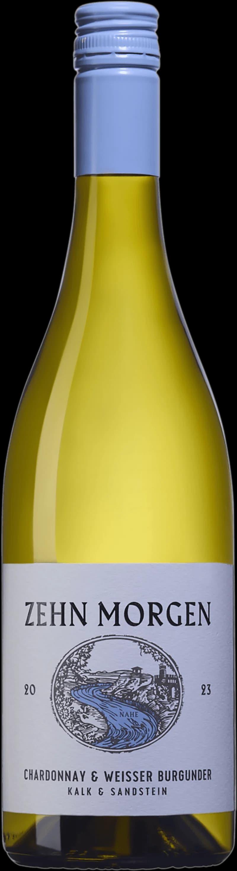 Flaska Zehn Morgen vitt vin 2016 mot en neutral bakgrund.