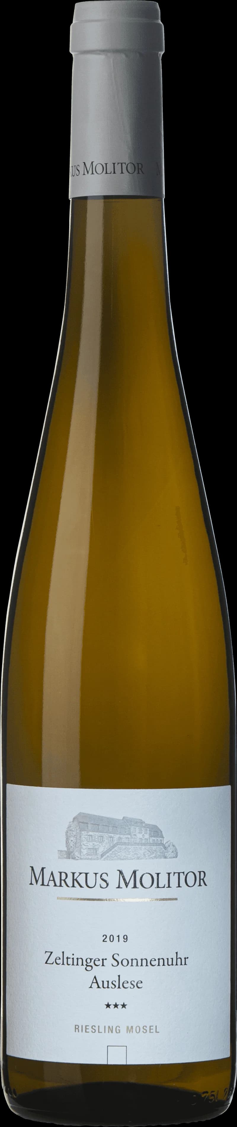 Flaska med Zeltinger Sonnenuhr Auslese vitt vin från Mosel, Tyskland.