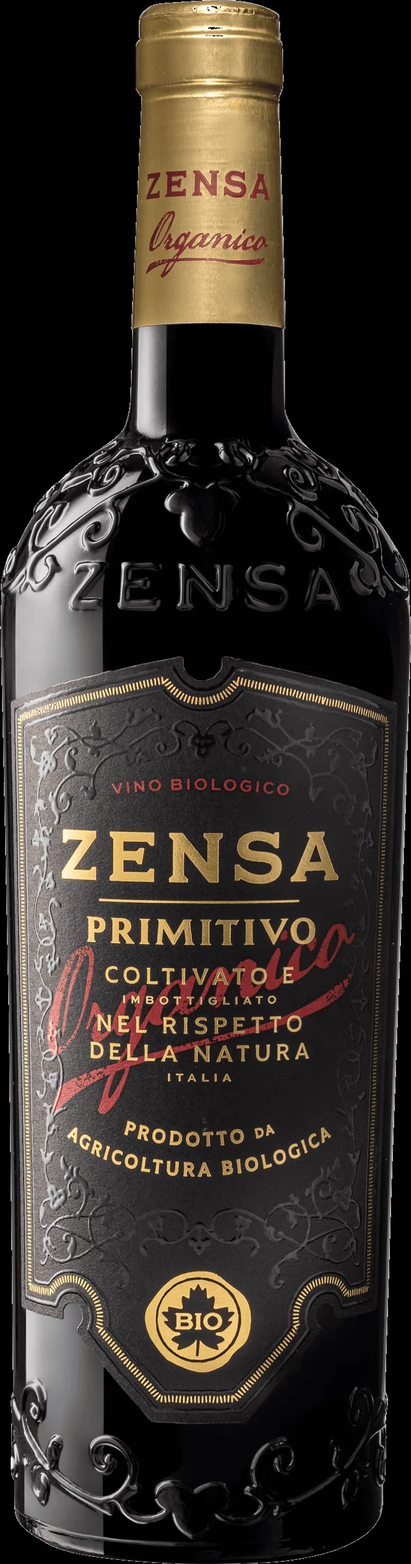Flaska av Zensa rött vin mot en mörk bakgrund