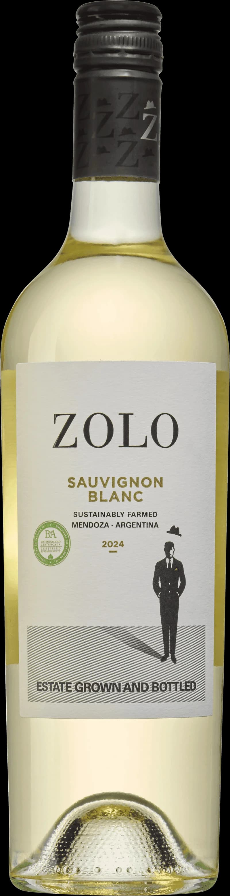 Flaska av Zolo vitt vin på vit bakgrund