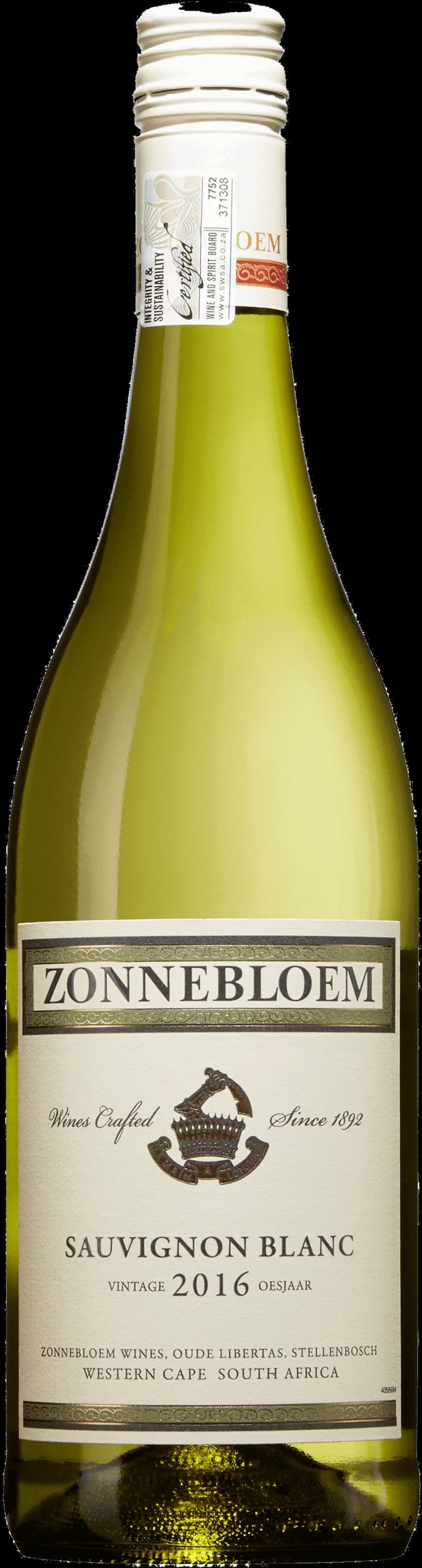 Zonnebloem vitt vin 2020, flaska och glas med vitt vin