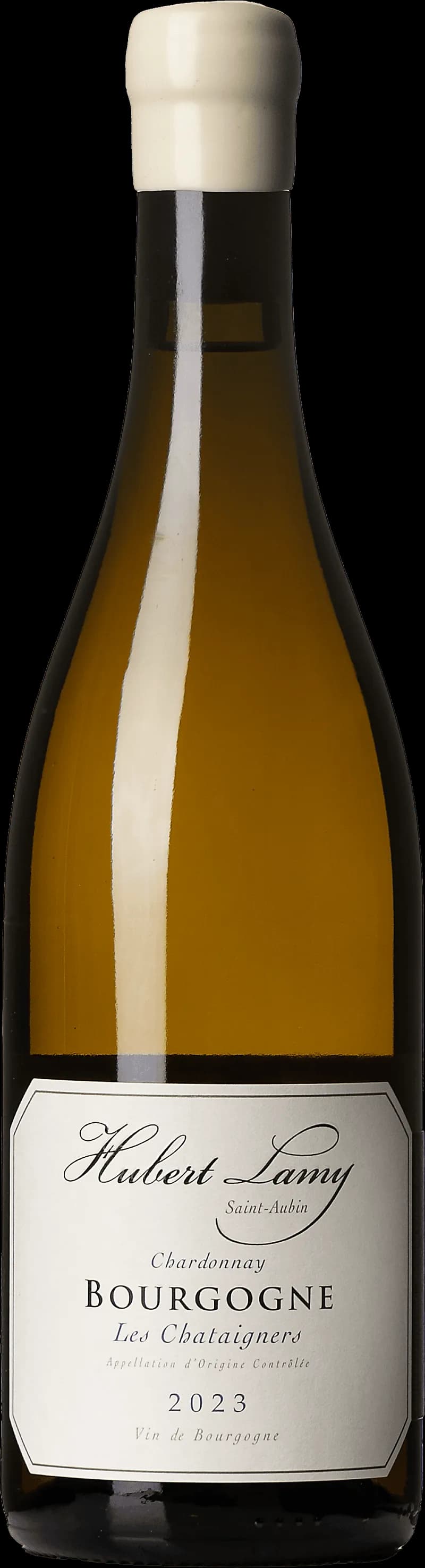 Flaska av Bourgogne Blanc Les Chataginers, ett vitt vin från Bourgogne.