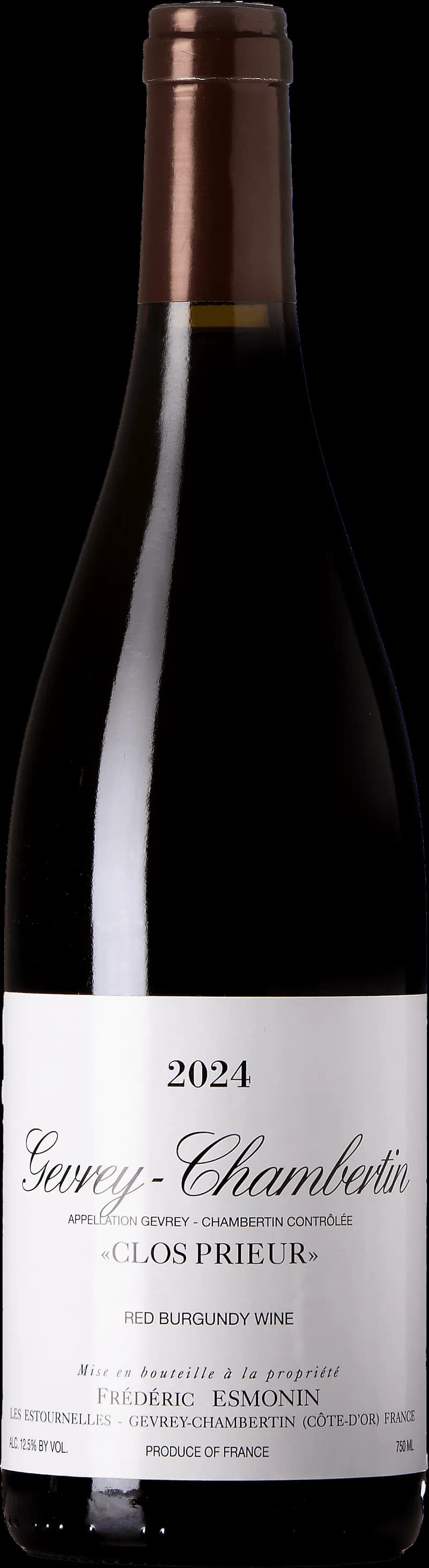 Flaska av rött vin från Gevrey-Chambertin Clos Prieur, ett bourgognevin från Frankrike.