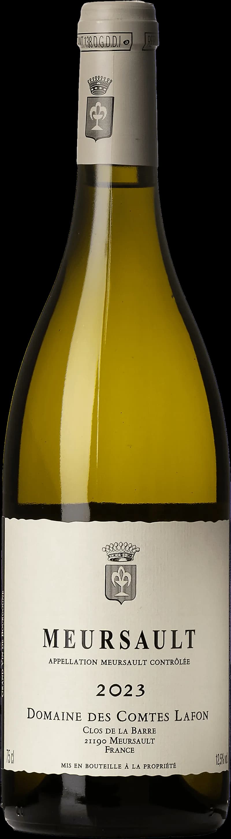 Flaska Meursault vitt vin mot neutral bakgrund