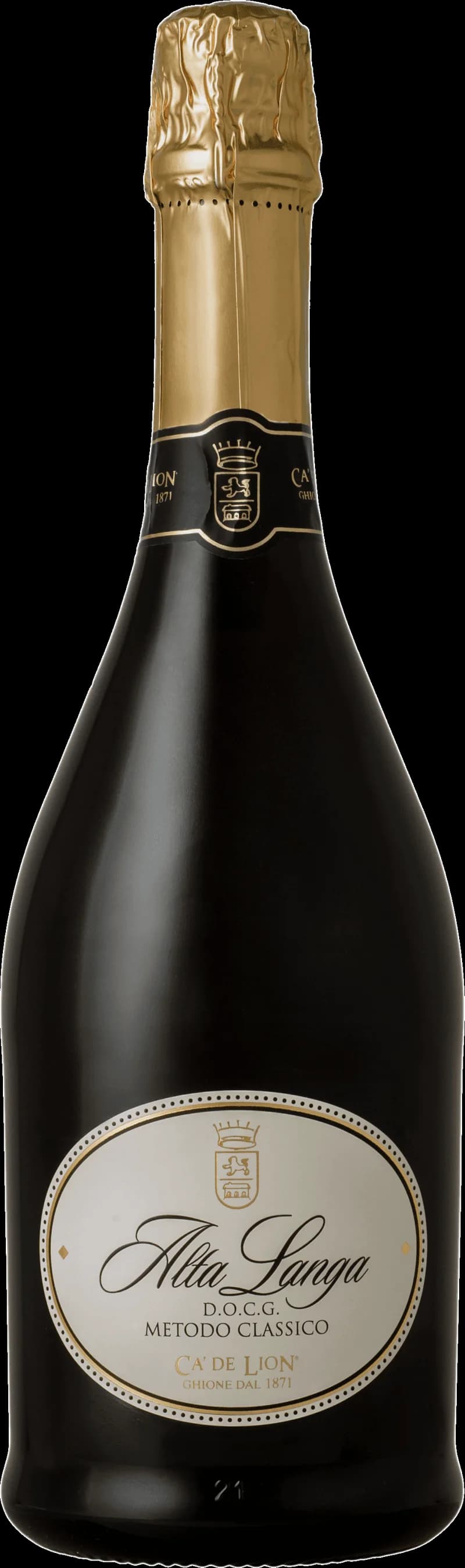 Flaska Alta Langa Millesimato Brut, ett italienskt mousserande vin med elegant etikett