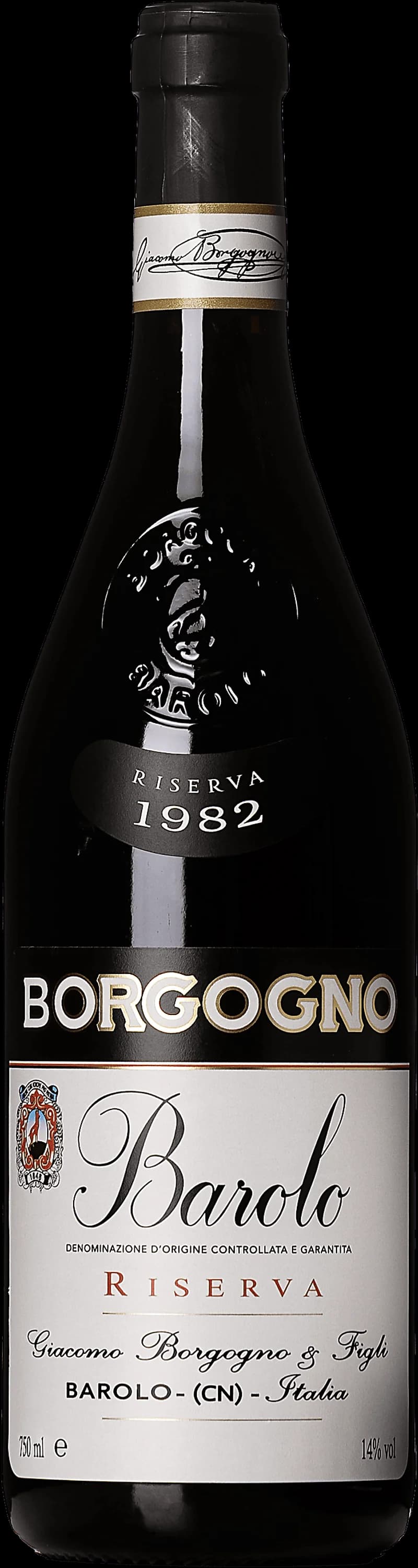 Flaska Borgogno Barolo Riserva, ett rött vin från Barolo i Piemonte, Italien