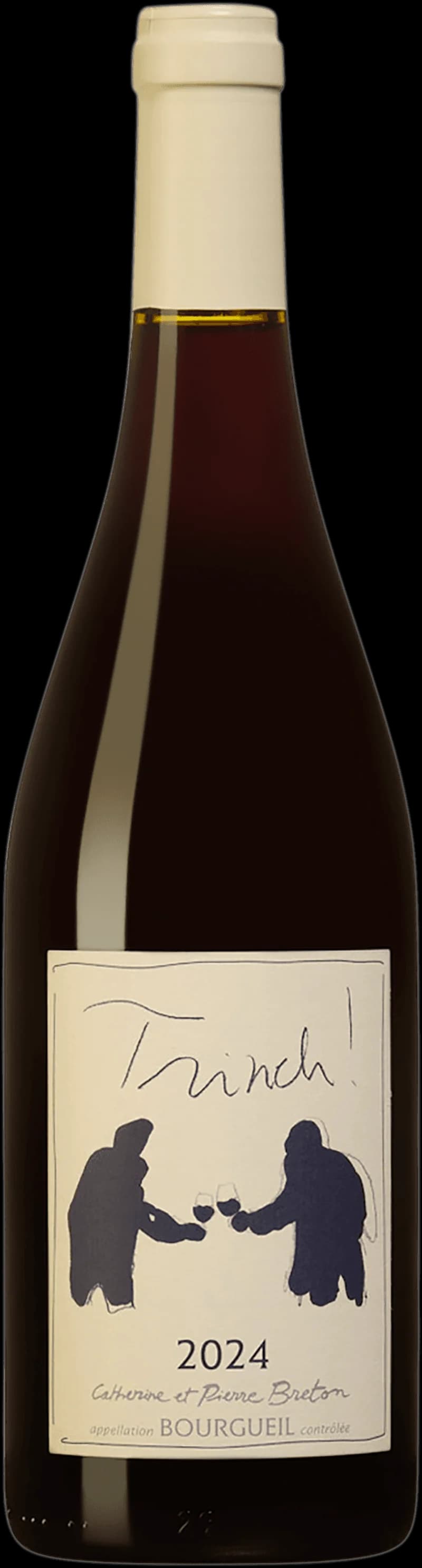 Flaska Bourgeuil Trinch rött vin, uppställd på högkant mot ljus bakgrund