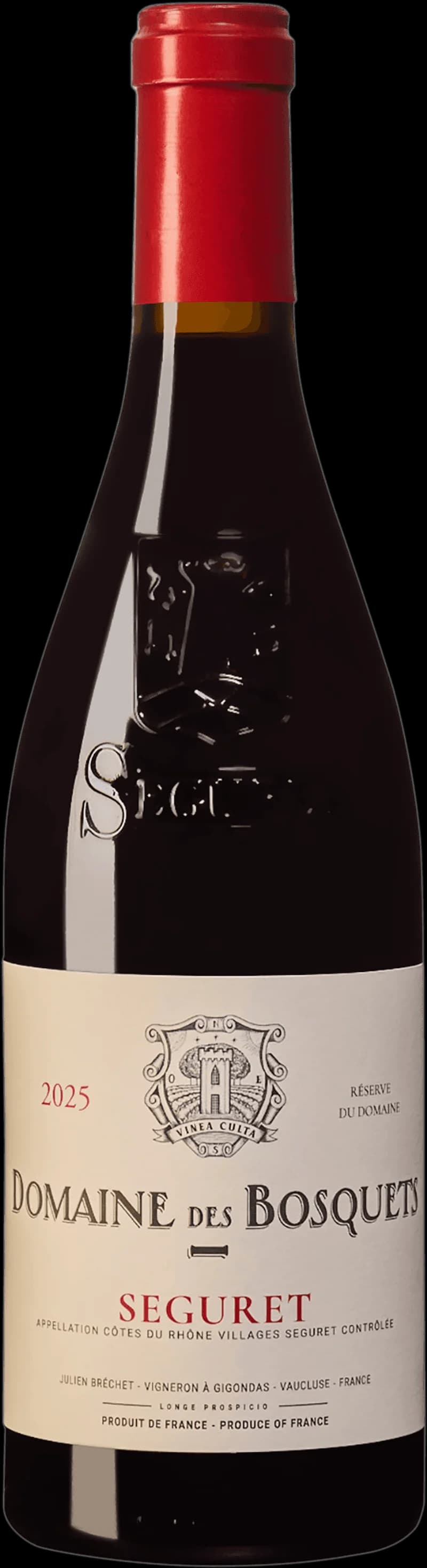 Flaska rött vin från Côtes du Rhône Villages Séguret, ett vinområde i Rhônedalen i Frankrike.