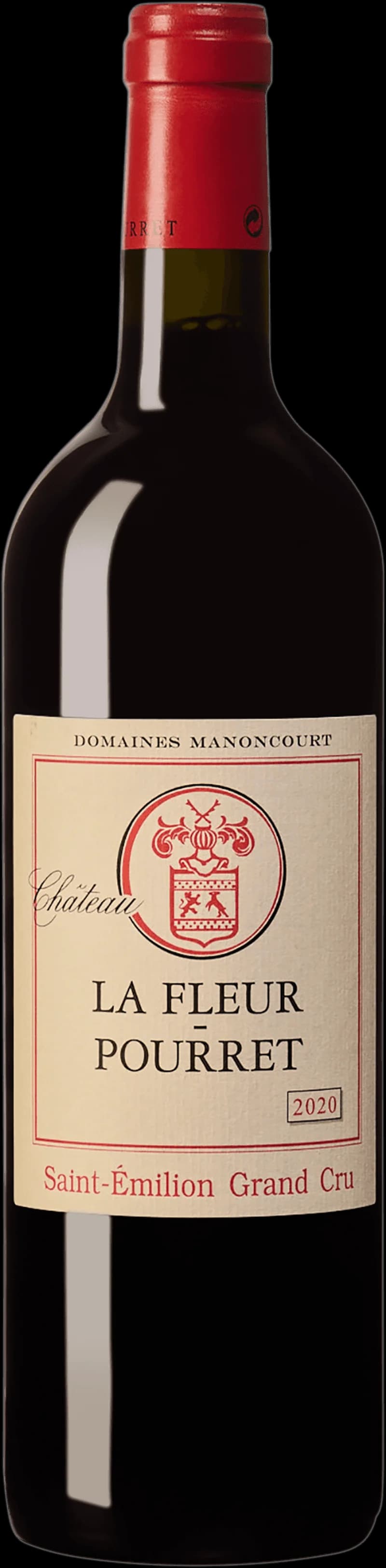 Flaska rött vin från Château Fleur Pourret, ett vin från Bordeaux