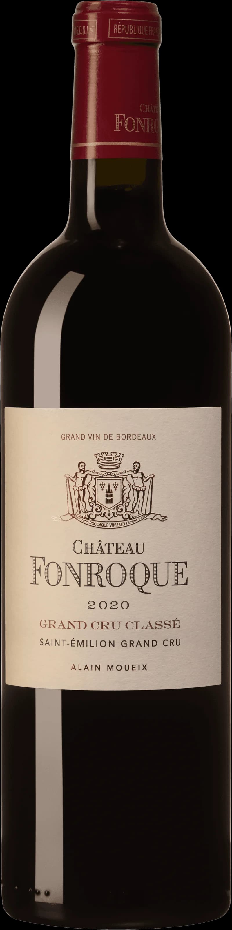 Flaska rött vin från Château Fonroque, ett vin från Saint-Émilion i Bordeaux.