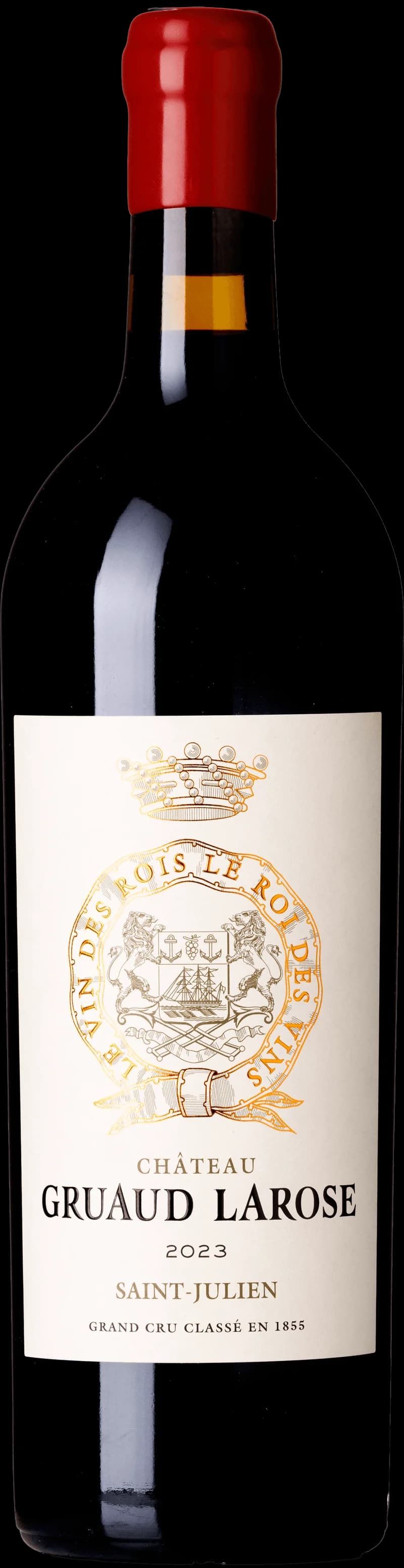 Flaska rött vin från Château Gruaud-Larose, ett klassificerat slott i Saint-Julien i Bordeaux.