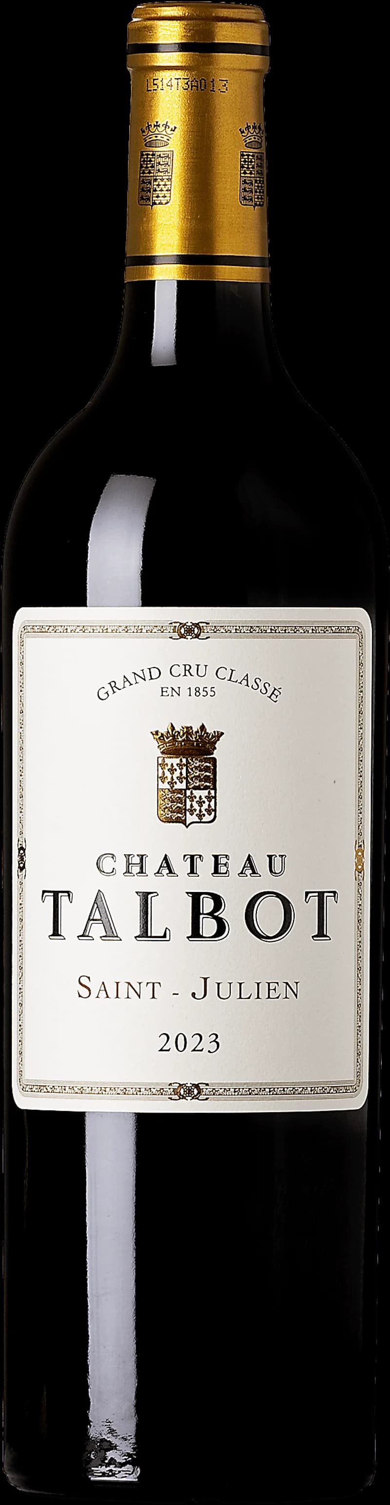Flaska rött vin från Château Talbot, ett välkänt slott i Saint-Julien i Bordeaux.