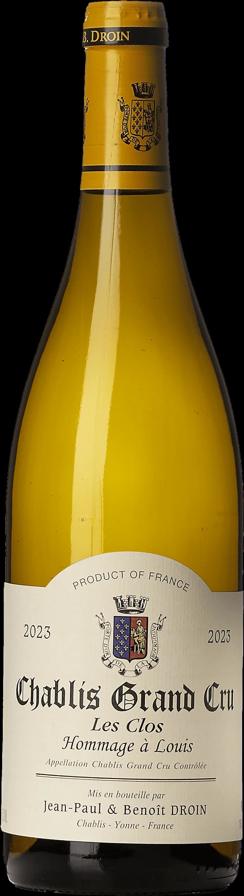 Flaska Chablis Grand Cru Les Clos, hommage till Louis Vitt, mot ljus bakgrund