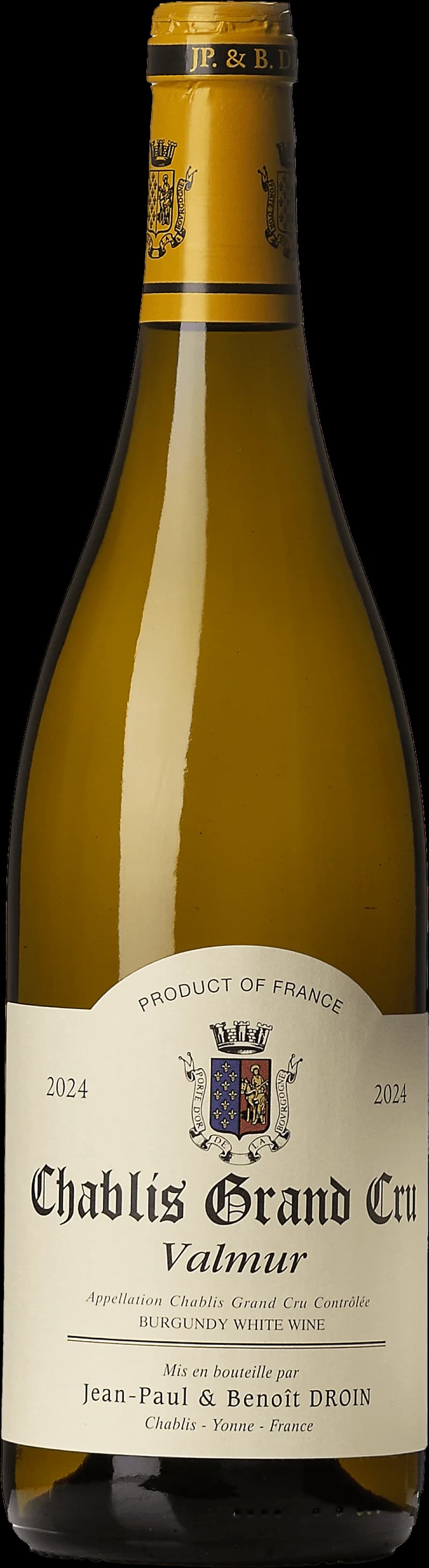 Flaska Chablis Grand Cru Valmur, ett vitt vin från Chablis, uppställd för fotografering