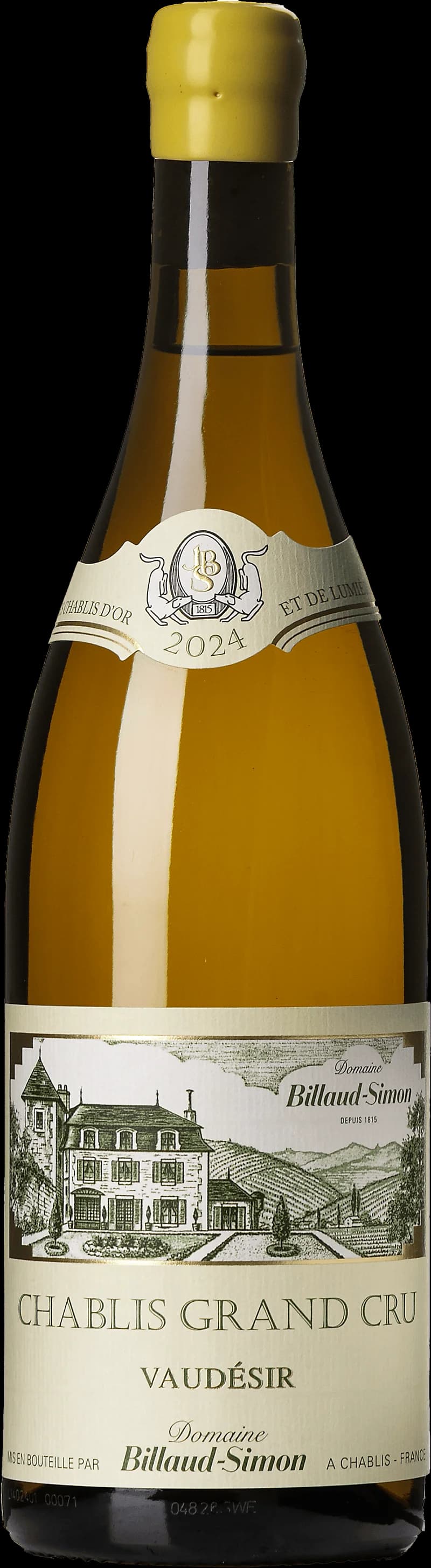 Flaska Chablis Grand Cru Vaudésir, ett vitt vin från Chablis, uppställd mot neutral bakgrund.