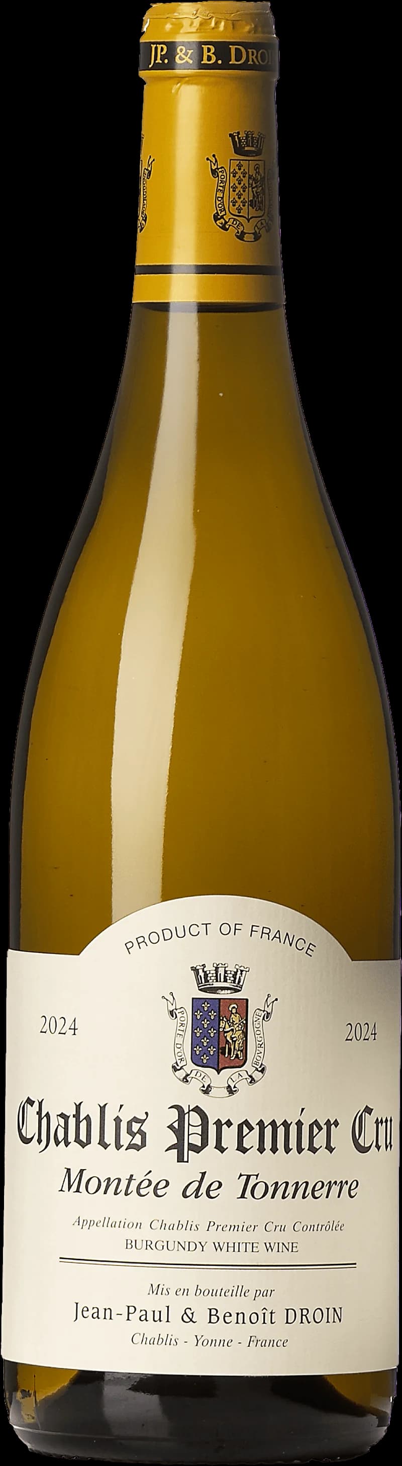 Flaska Chablis Premier Cru Montée de Tonnerre, ett friskt vitt vin från Chablis i Bourgogne