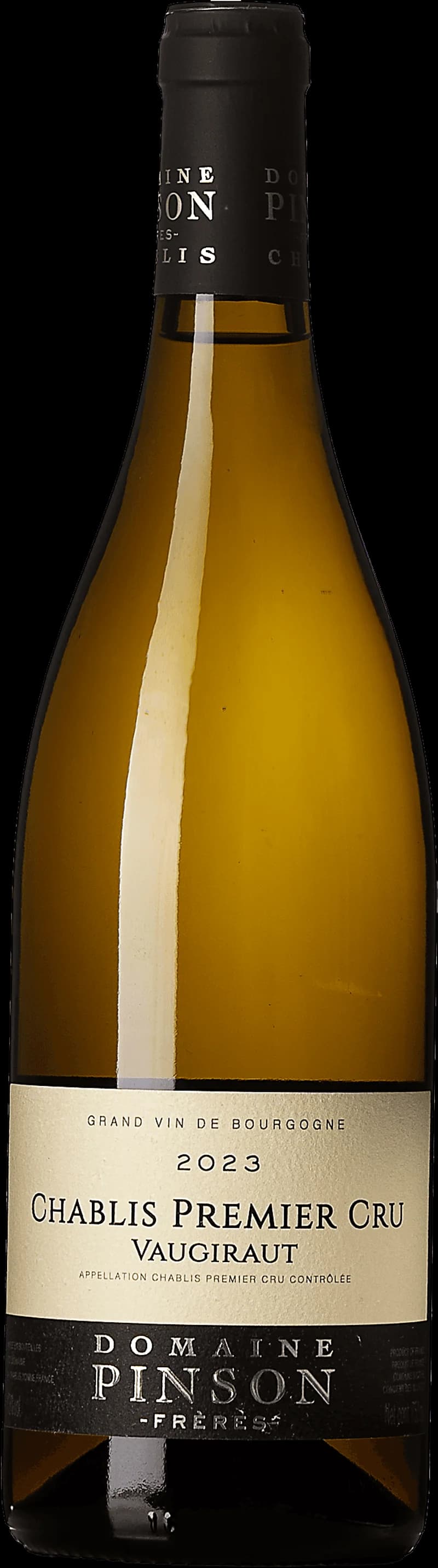 Flaska Chablis Premier Cru Vaugiraut, ett vitt vin från Chablis, uppställd mot neutral bakgrund.