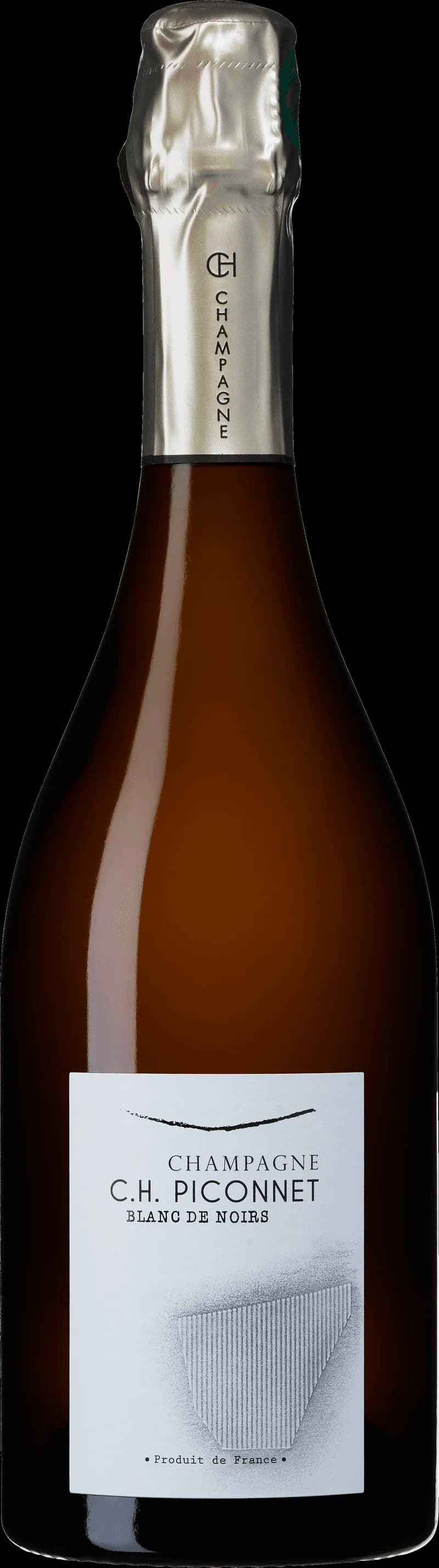 Flaska mousserande vin av märket Champagne C.H. Piconnet, fotograferad mot neutral bakgrund.